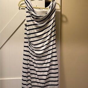 LOFT White and Navy Striped Midi Dress